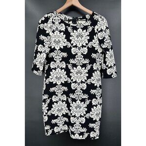 Everly Shift Dress Women Small Black White Damask 3/4 Sleeve Knee Length